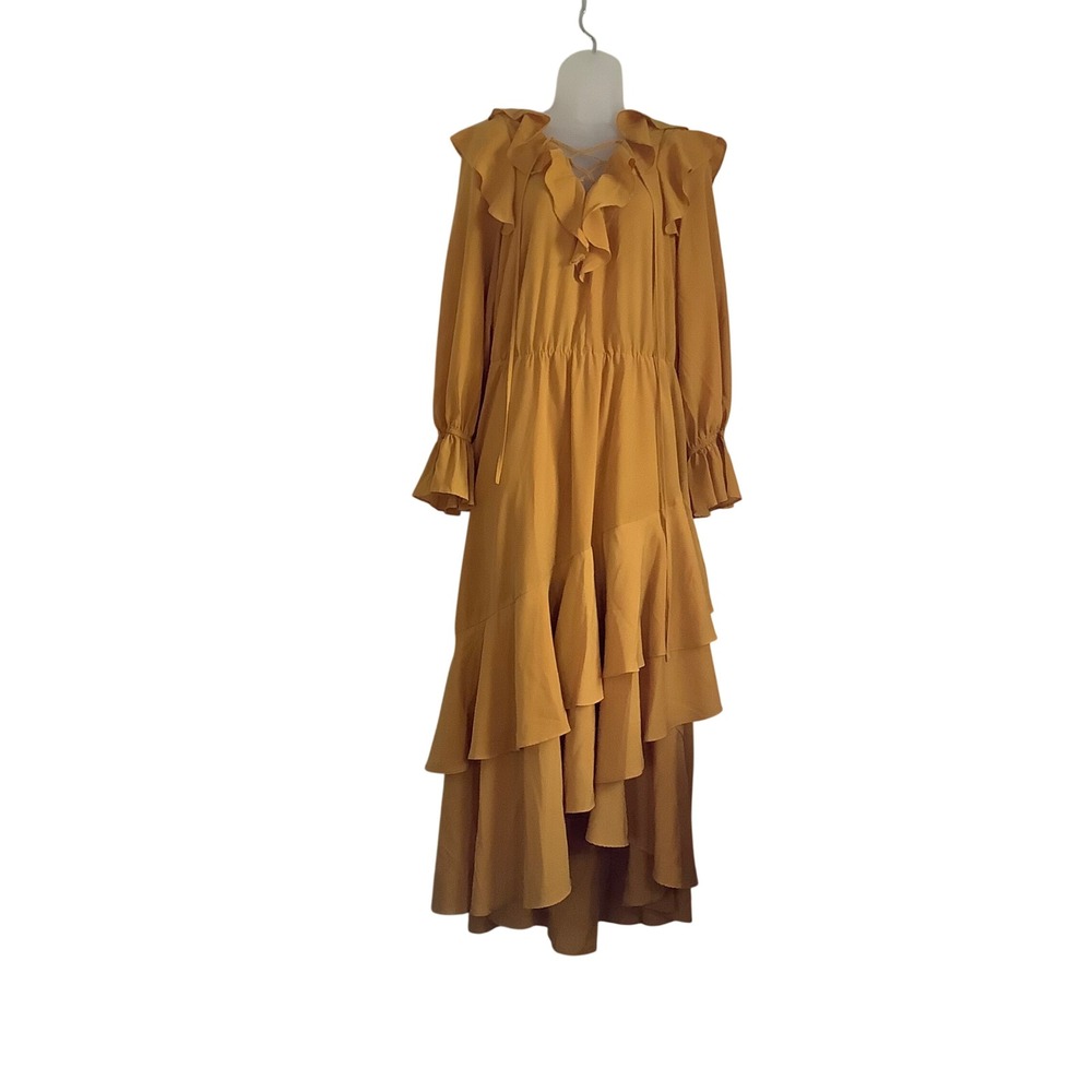 Eloquii Mustard Yellow Ruffle Lace Up High Low Maxi Dress Womens Size 14 Boho - Picture 11 of 16